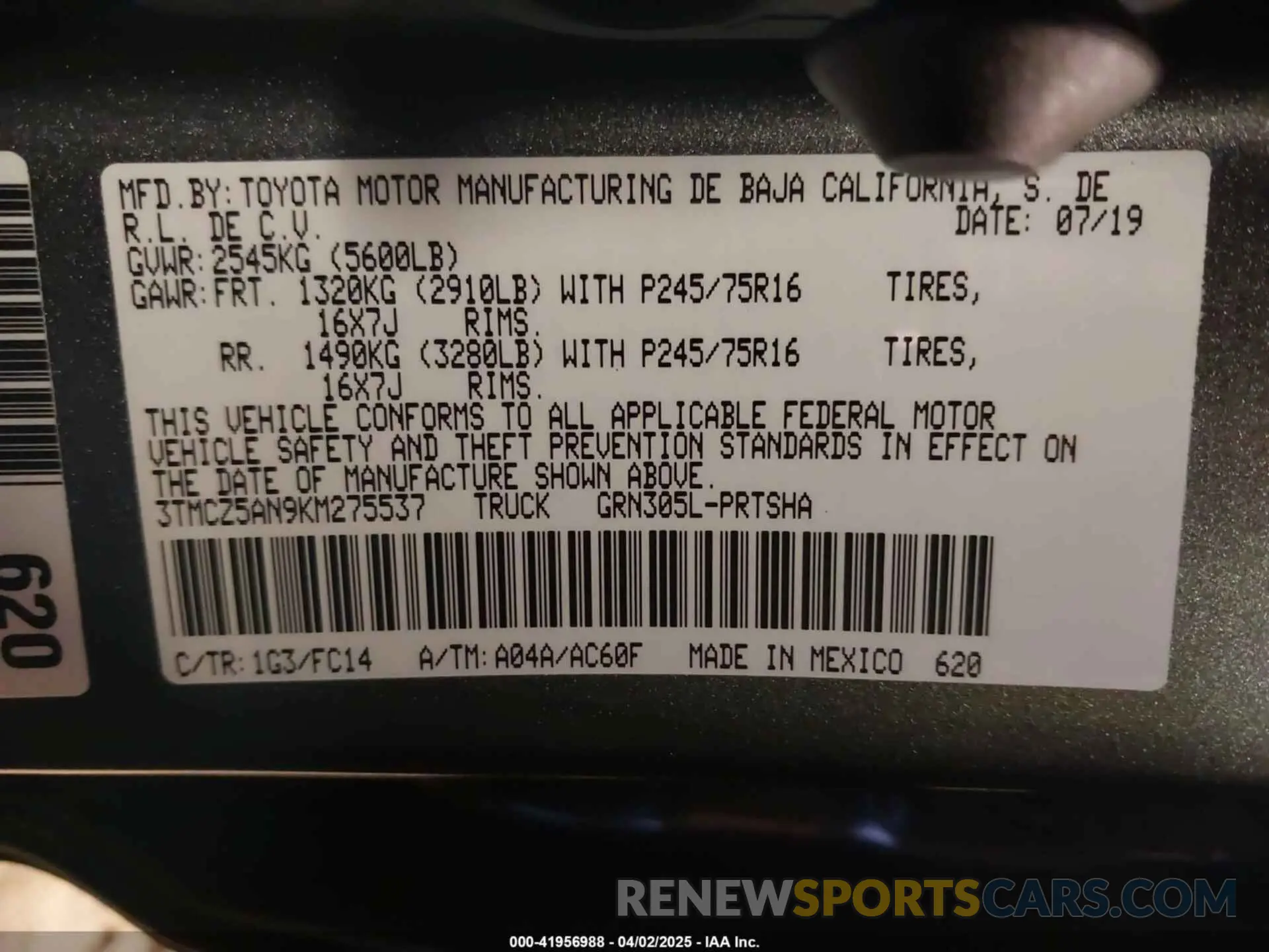 9 fotografías del automóvil dañado 3TMCZ5AN9KM275537 TOYOTA TACOMA 2019