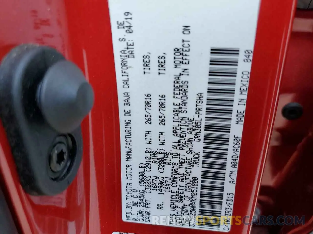 10 fotografías del automóvil dañado 3TMCZ5ANXKM251800 TOYOTA TACOMA 2019