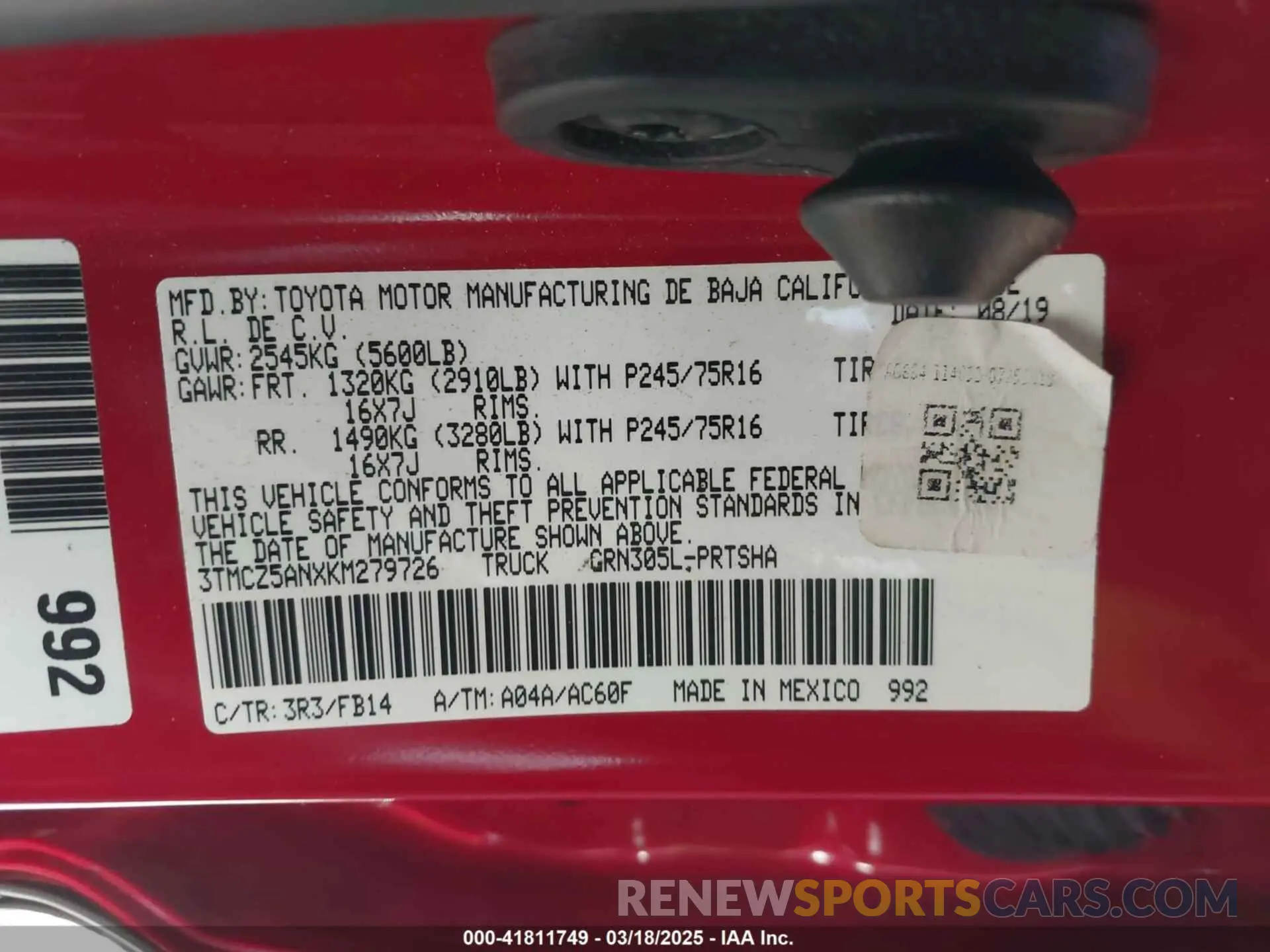9 fotografías del automóvil dañado 3TMCZ5ANXKM279726 TOYOTA TACOMA 2019
