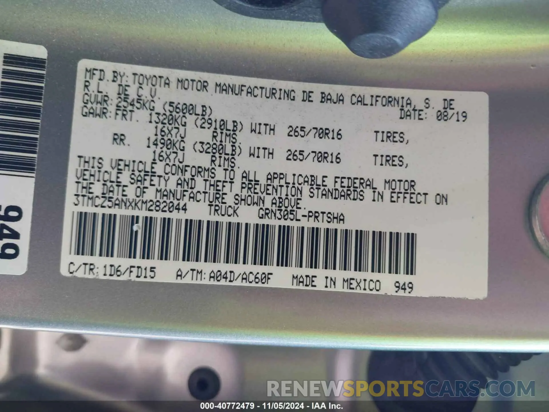 9 fotografías del automóvil dañado 3TMCZ5ANXKM282044 TOYOTA TACOMA 2019