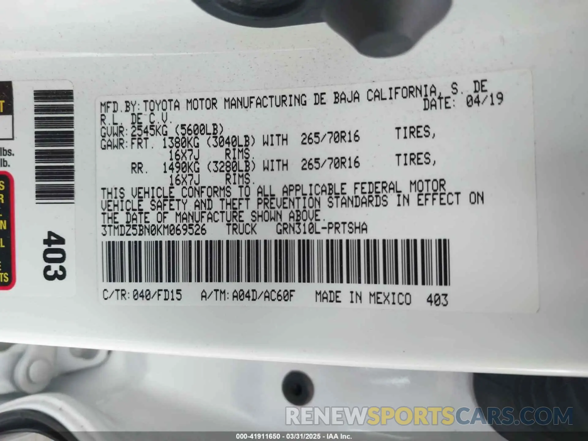 9 fotografías del automóvil dañado 3TMDZ5BN0KM069526 TOYOTA TACOMA 2019