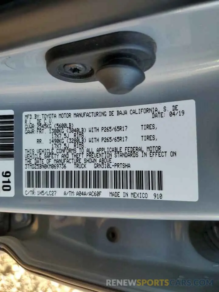 10 fotografías del automóvil dañado 3TMDZ5BN0KM069736 TOYOTA TACOMA 2019