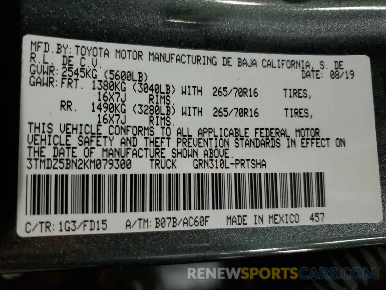 12 fotografías del automóvil dañado 3TMDZ5BN2KM079300 TOYOTA TACOMA 2019