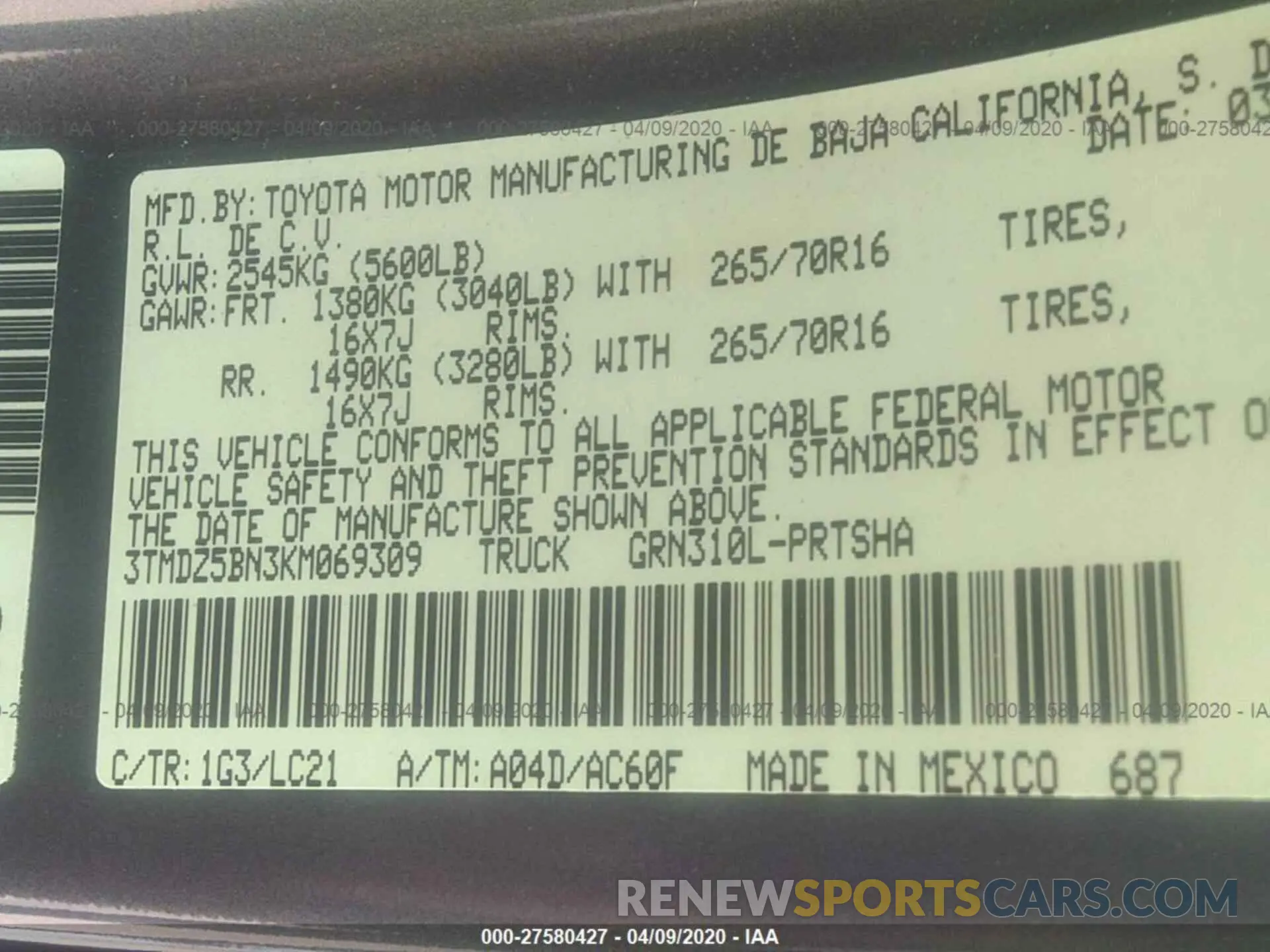 9 fotografías del automóvil dañado 3TMDZ5BN3KM069309 TOYOTA TACOMA 2019