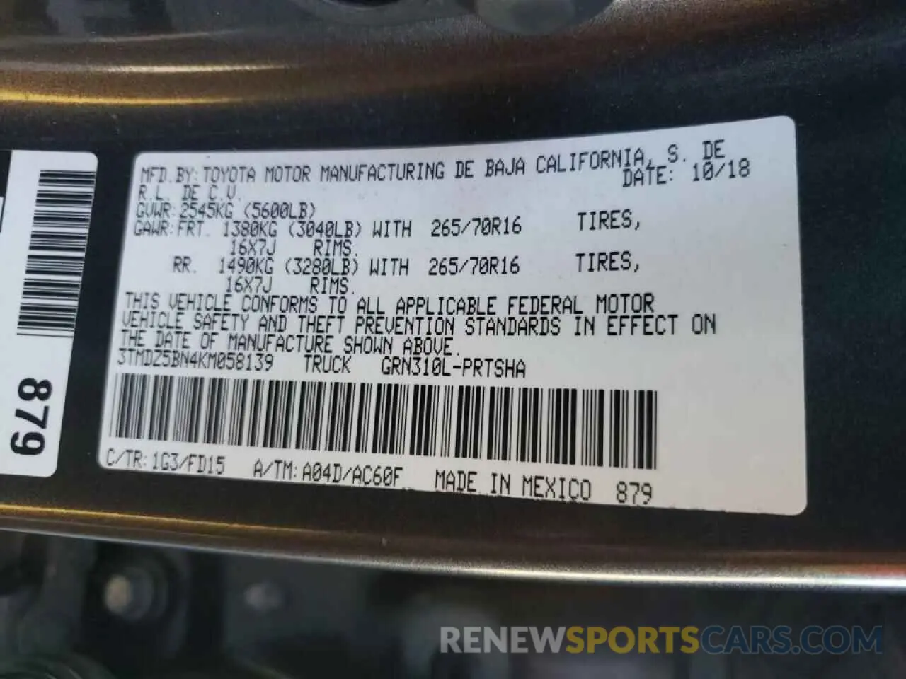 10 fotografías del automóvil dañado 3TMDZ5BN4KM058139 TOYOTA TACOMA 2019