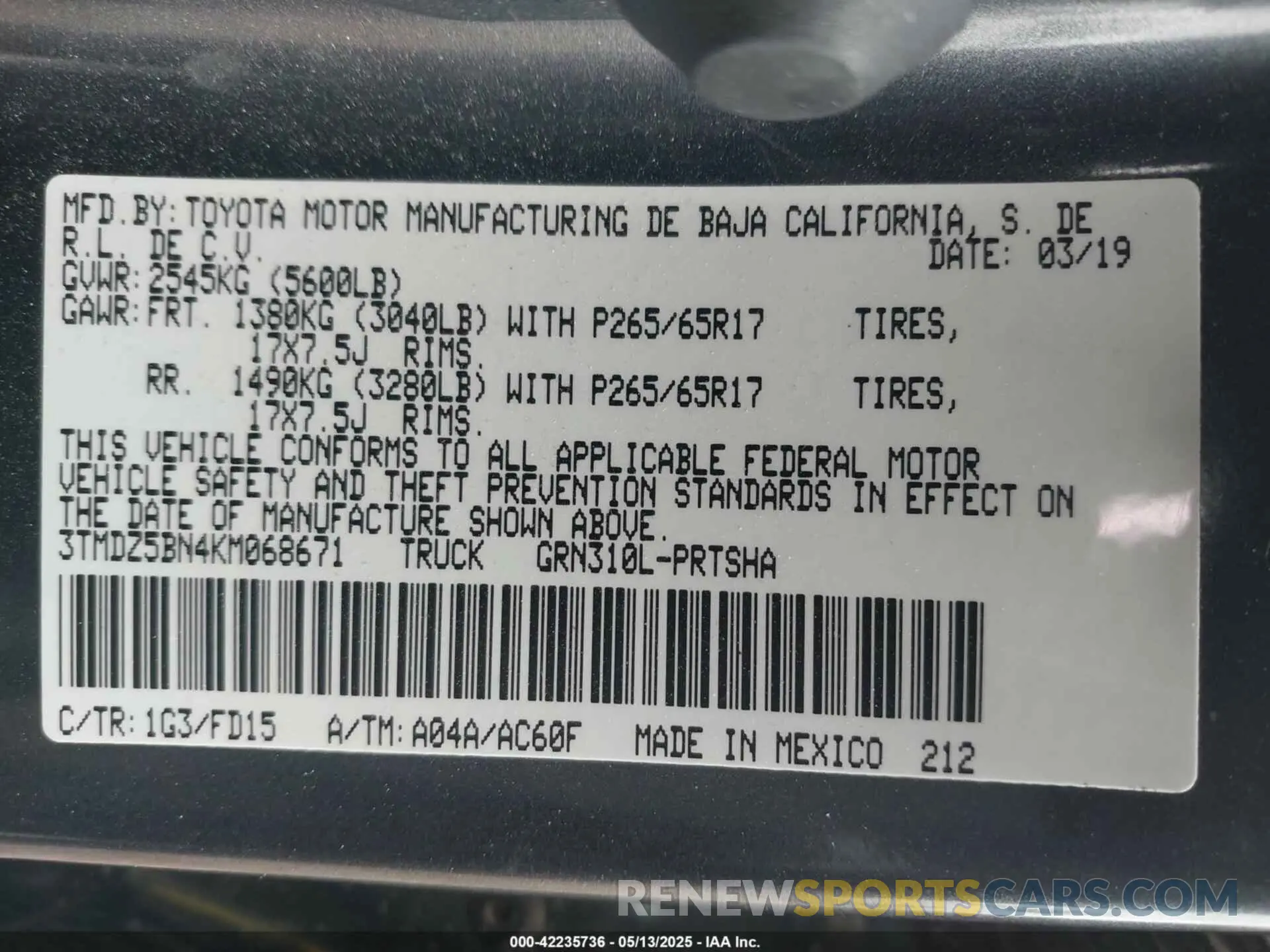 9 fotografías del automóvil dañado 3TMDZ5BN4KM068671 TOYOTA TACOMA 2019