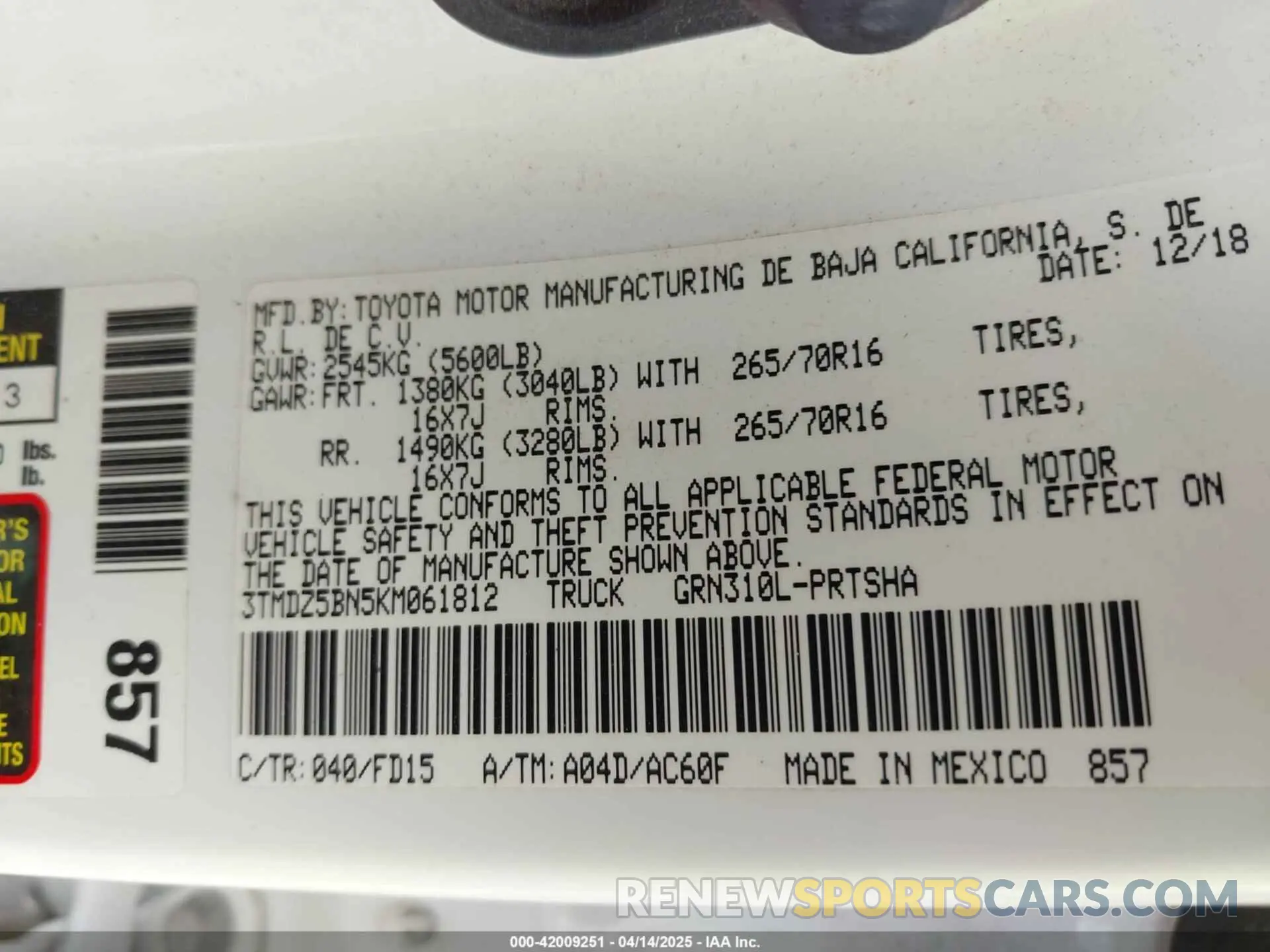 9 fotografías del automóvil dañado 3TMDZ5BN5KM061812 TOYOTA TACOMA 2019