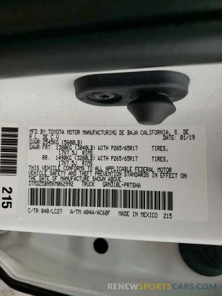 10 fotografías del automóvil dañado 3TMDZ5BN5KM062992 TOYOTA TACOMA 2019