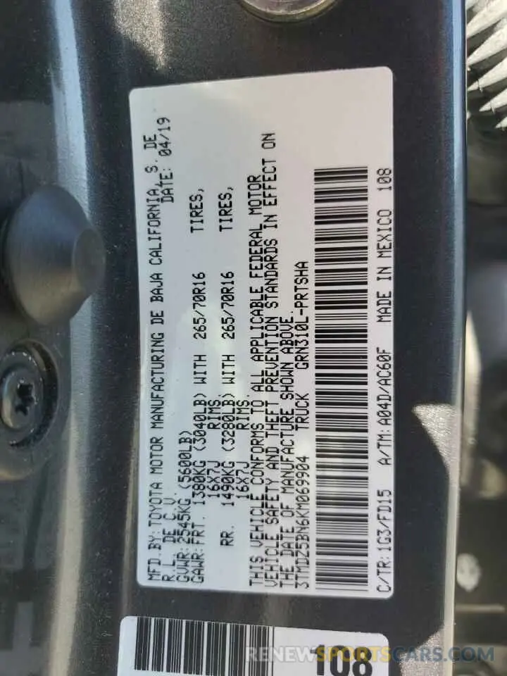 12 fotografías del automóvil dañado 3TMDZ5BN6KM069904 TOYOTA TACOMA 2019