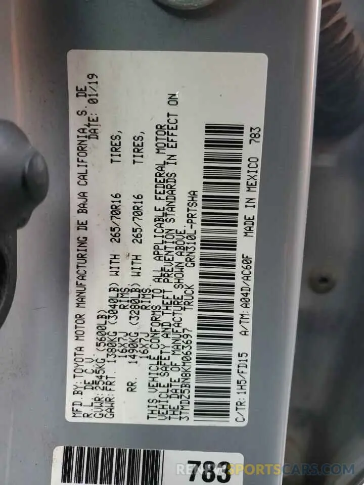 12 fotografías del automóvil dañado 3TMDZ5BN8KM063697 TOYOTA TACOMA 2019