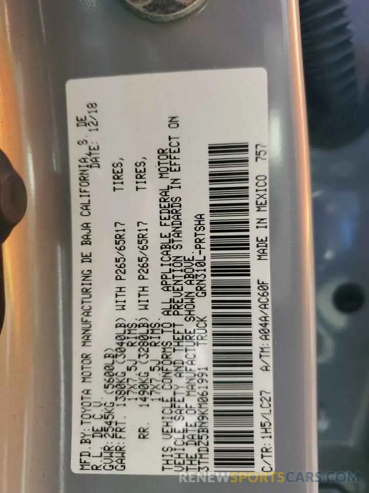 12 fotografías del automóvil dañado 3TMDZ5BN9KM061991 TOYOTA TACOMA 2019