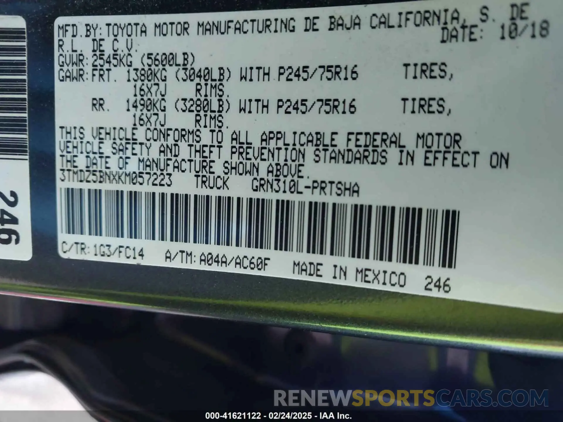 9 fotografías del automóvil dañado 3TMDZ5BNXKM057223 TOYOTA TACOMA 2019