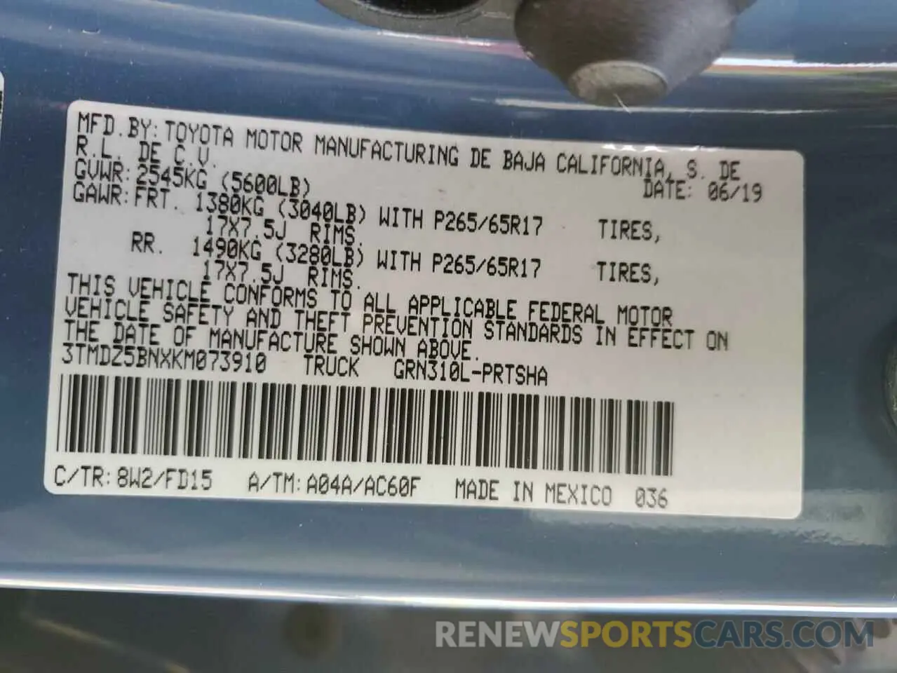 12 fotografías del automóvil dañado 3TMDZ5BNXKM073910 TOYOTA TACOMA 2019