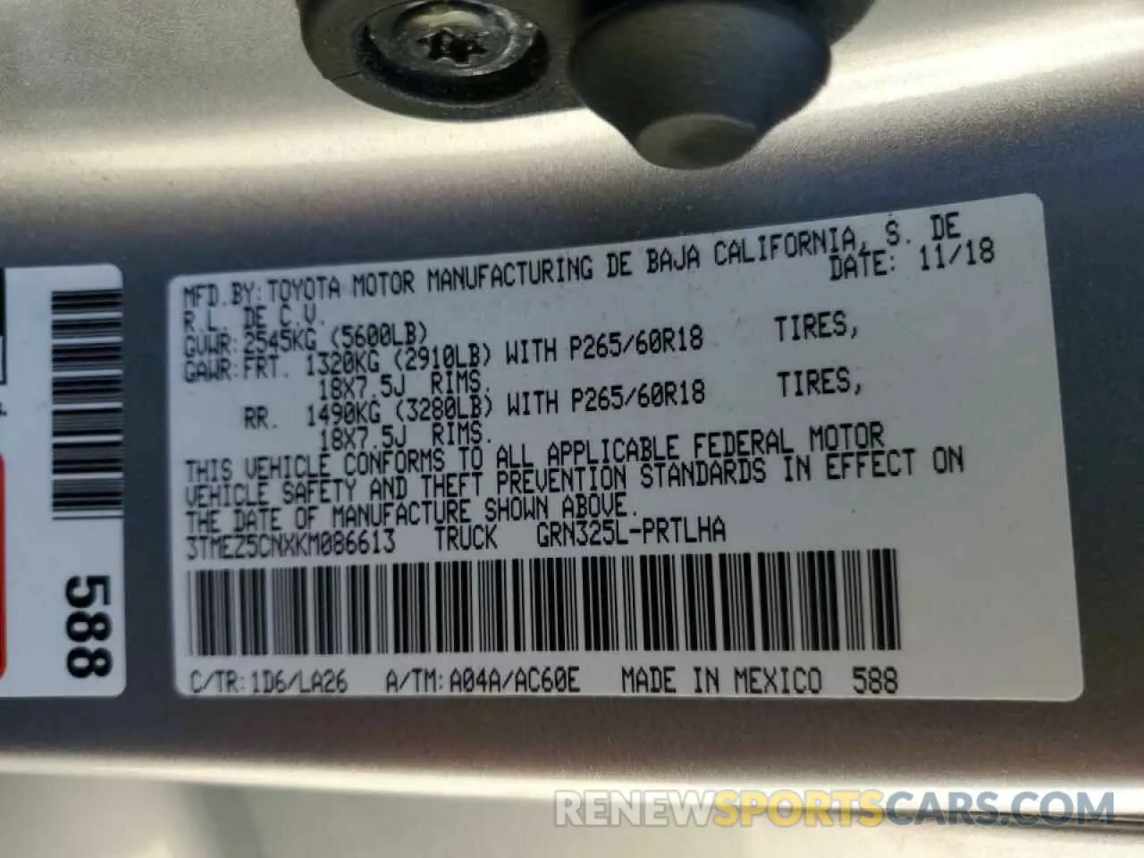 12 fotografías del automóvil dañado 3TMEZ5CNXKM086613 TOYOTA TACOMA 2019