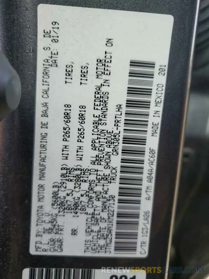 12 fotografías del automóvil dañado 3TMGZ5AN1KM227130 TOYOTA TACOMA 2019