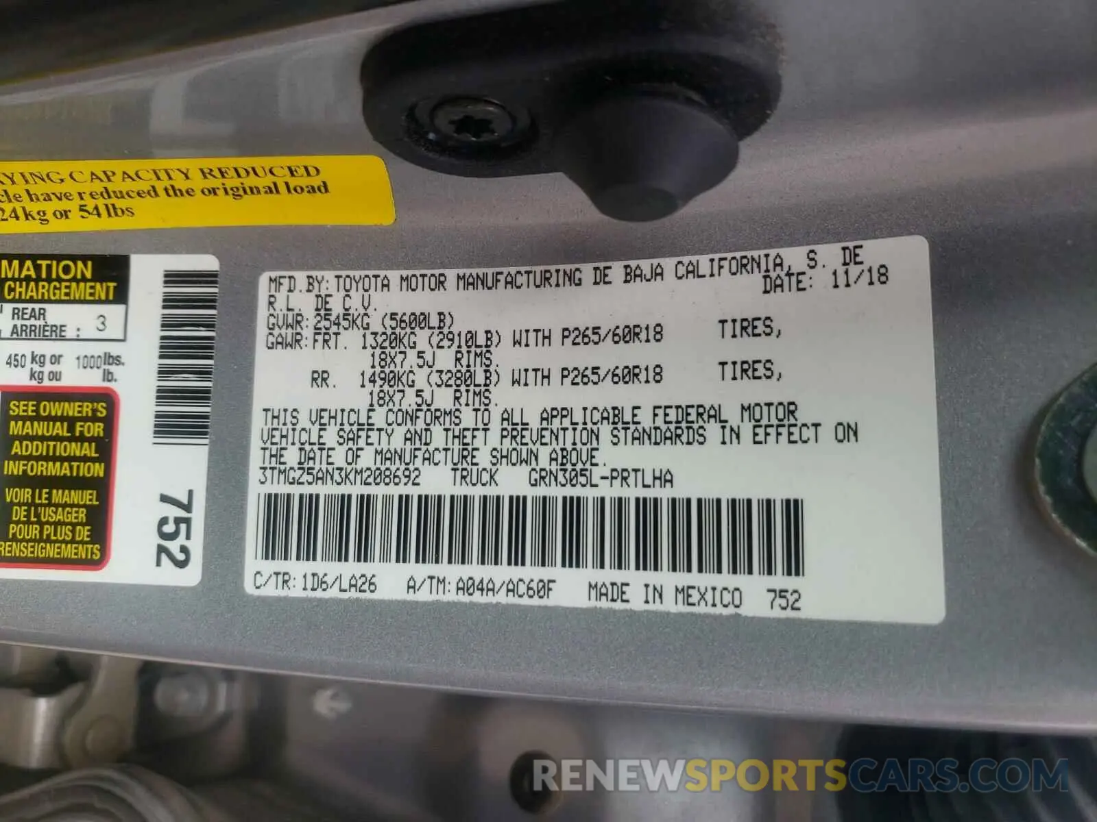 10 fotografías del automóvil dañado 3TMGZ5AN3KM208692 TOYOTA TACOMA 2019