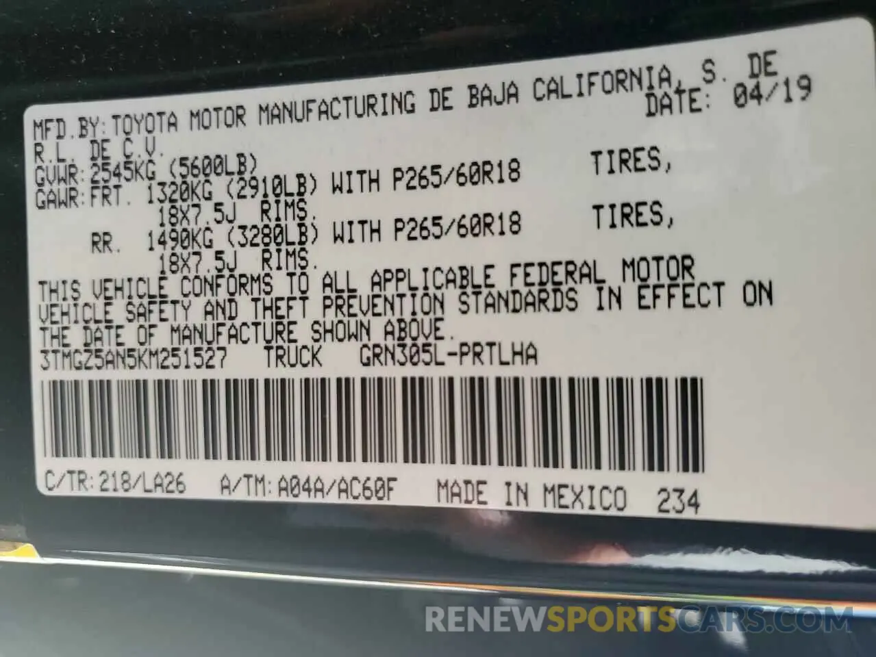 13 fotografías del automóvil dañado 3TMGZ5AN5KM251527 TOYOTA TACOMA 2019