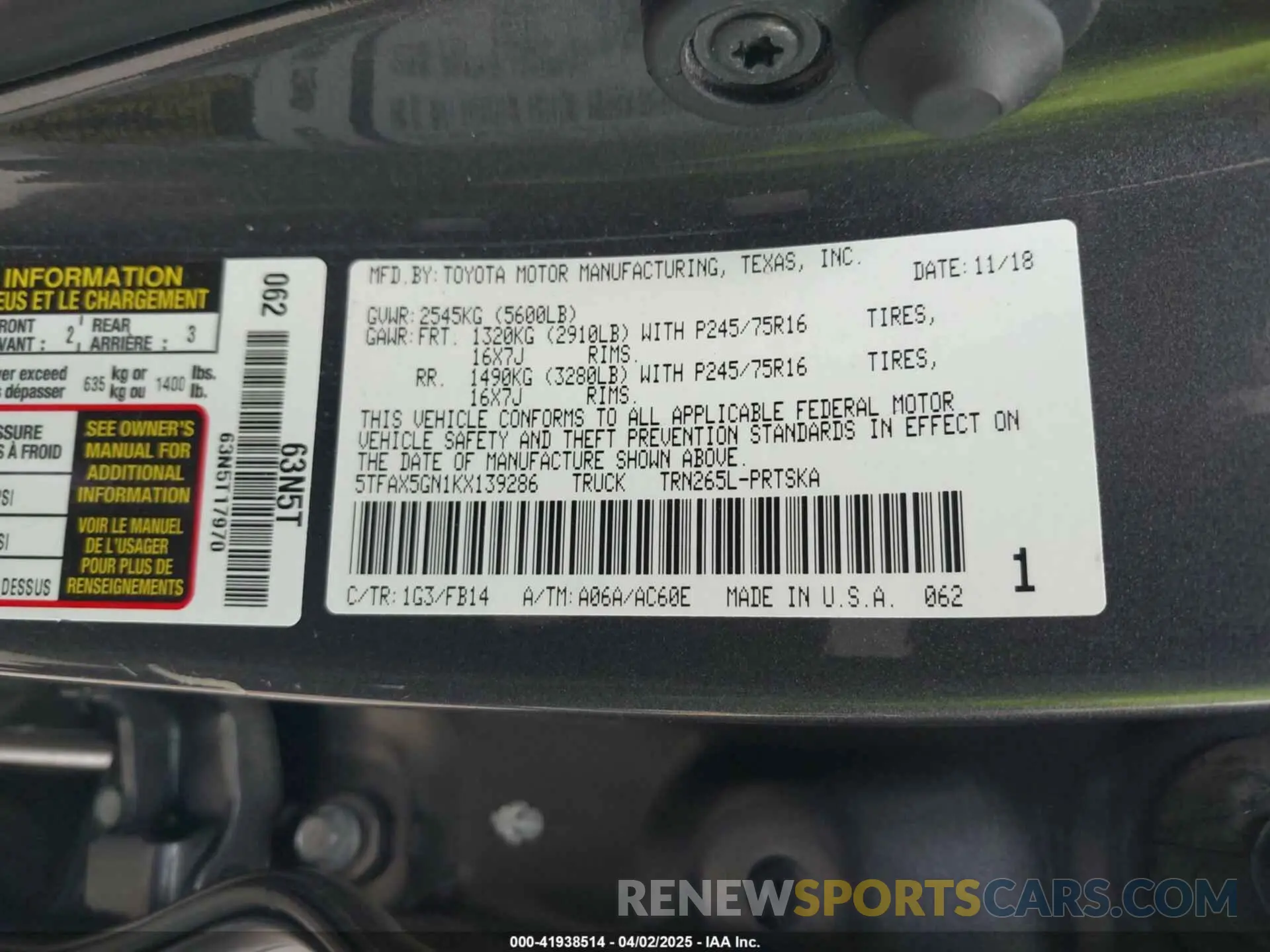 9 fotografías del automóvil dañado 5TFAX5GN1KX139286 TOYOTA TACOMA 2019
