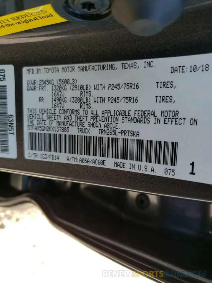 10 fotografías del automóvil dañado 5TFAX5GN2KX137885 TOYOTA TACOMA 2019