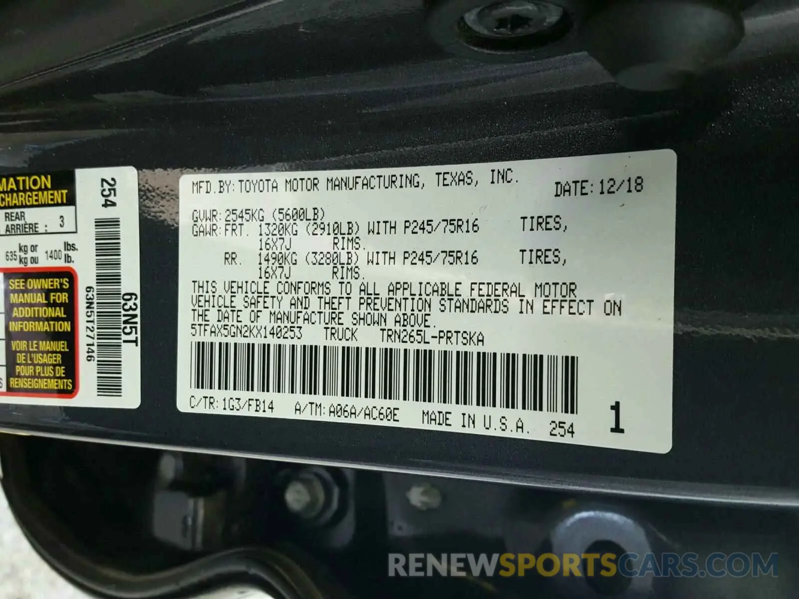 10 fotografías del automóvil dañado 5TFAX5GN2KX140253 TOYOTA TACOMA 2019