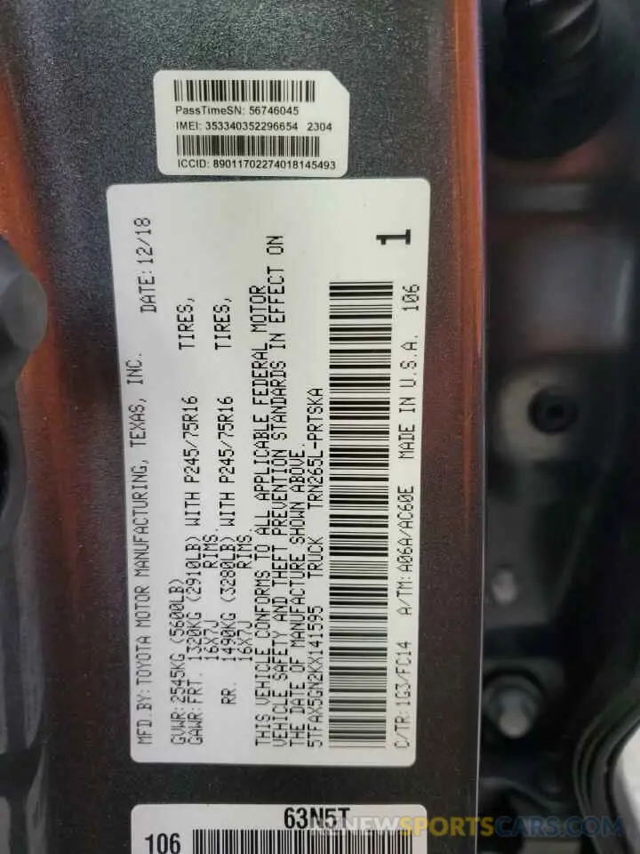 13 fotografías del automóvil dañado 5TFAX5GN2KX141595 TOYOTA TACOMA 2019