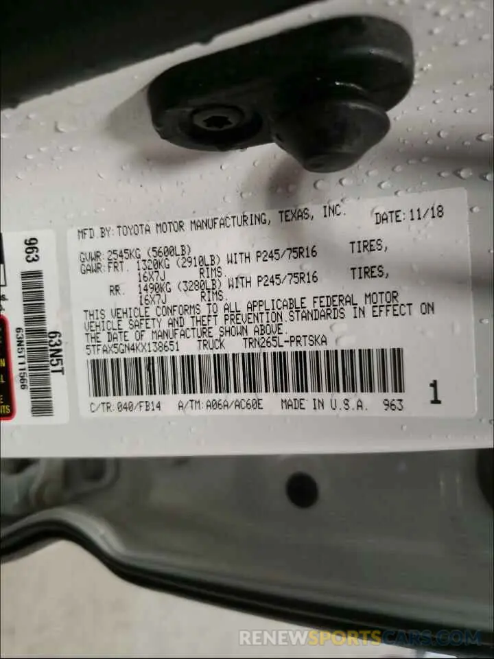 10 fotografías del automóvil dañado 5TFAX5GN4KX138651 TOYOTA TACOMA 2019