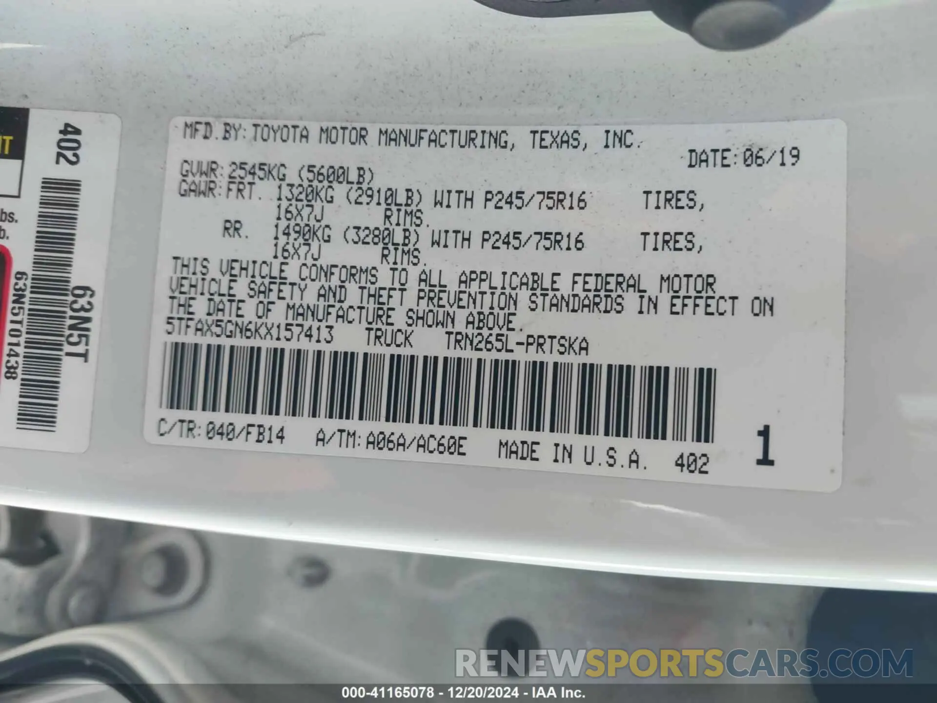 9 fotografías del automóvil dañado 5TFAX5GN6KX157413 TOYOTA TACOMA 2019