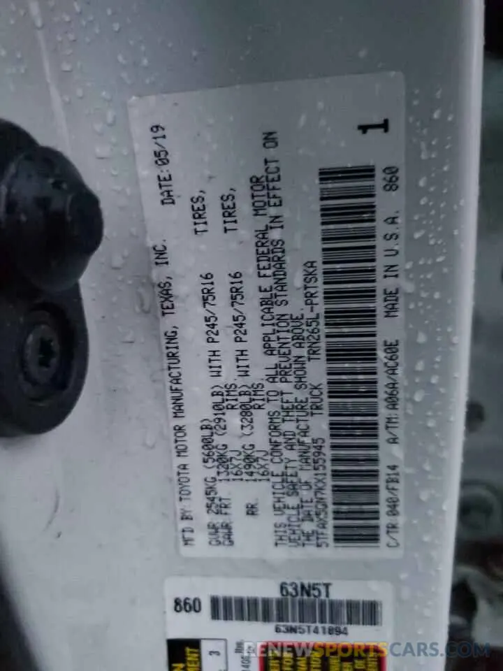 12 fotografías del automóvil dañado 5TFAX5GN7KX155945 TOYOTA TACOMA 2019
