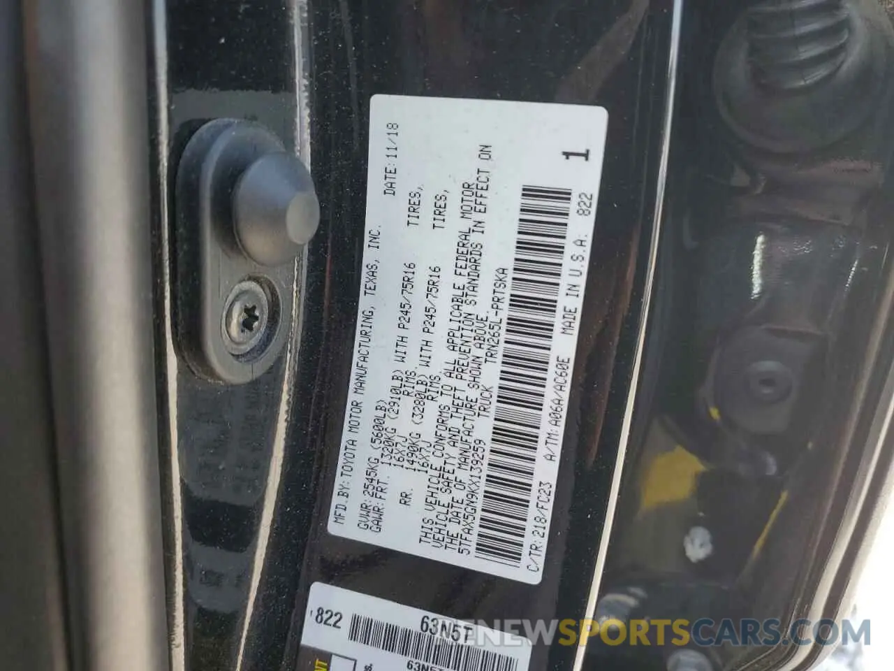 12 fotografías del automóvil dañado 5TFAX5GN9KX139259 TOYOTA TACOMA 2019