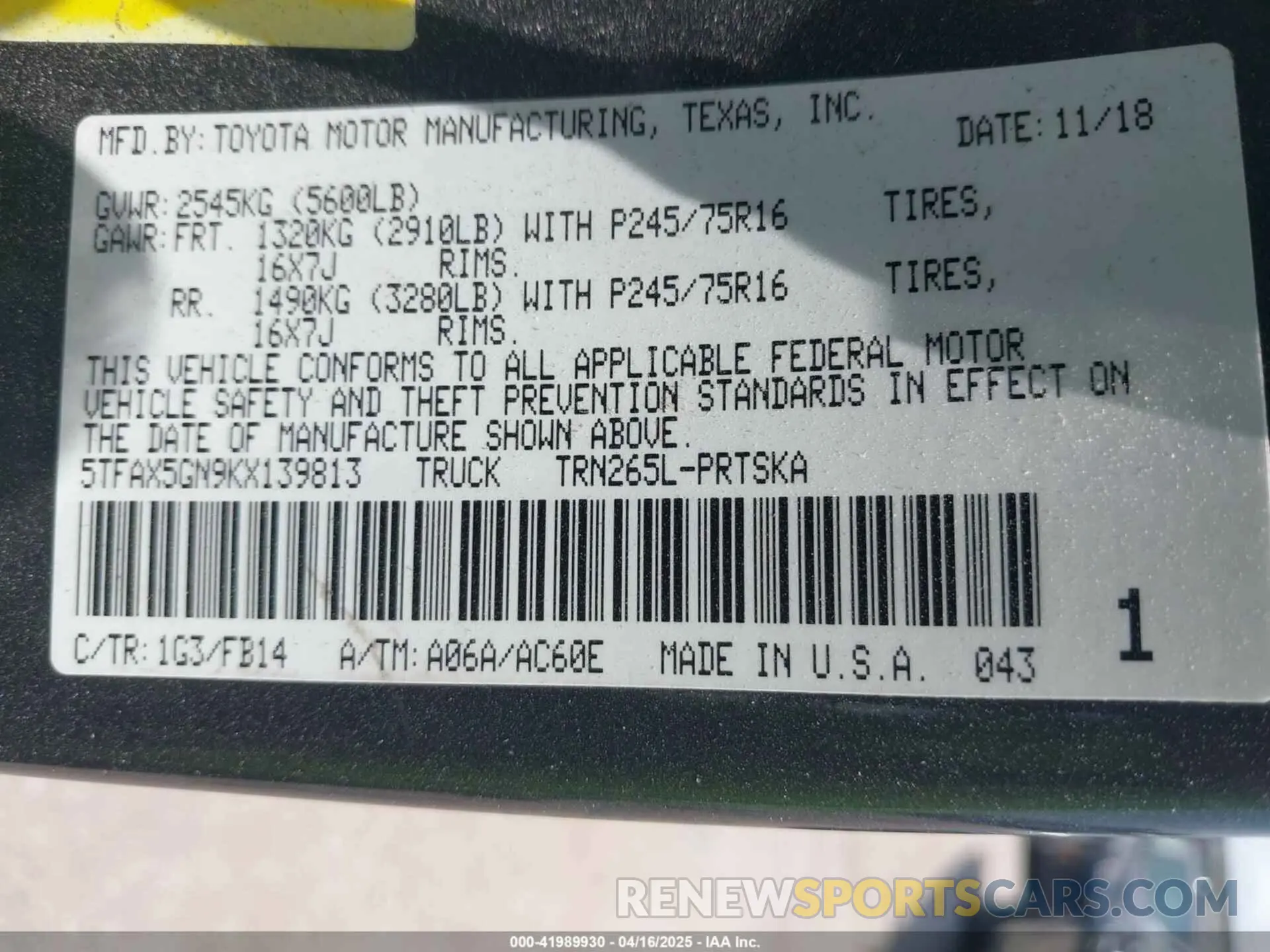 9 fotografías del automóvil dañado 5TFAX5GN9KX139813 TOYOTA TACOMA 2019