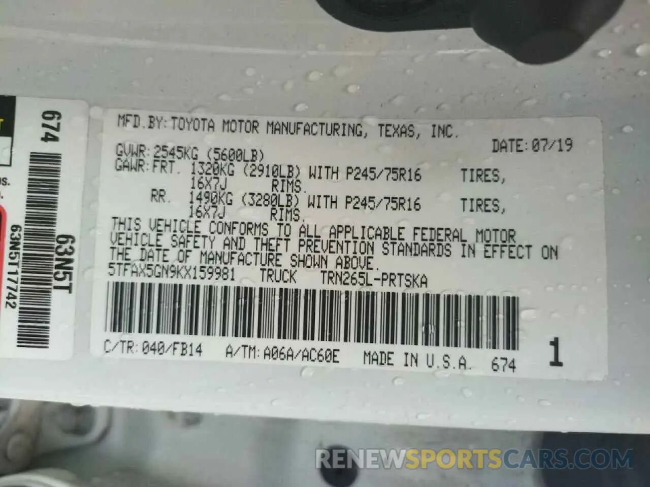 10 fotografías del automóvil dañado 5TFAX5GN9KX159981 TOYOTA TACOMA 2019