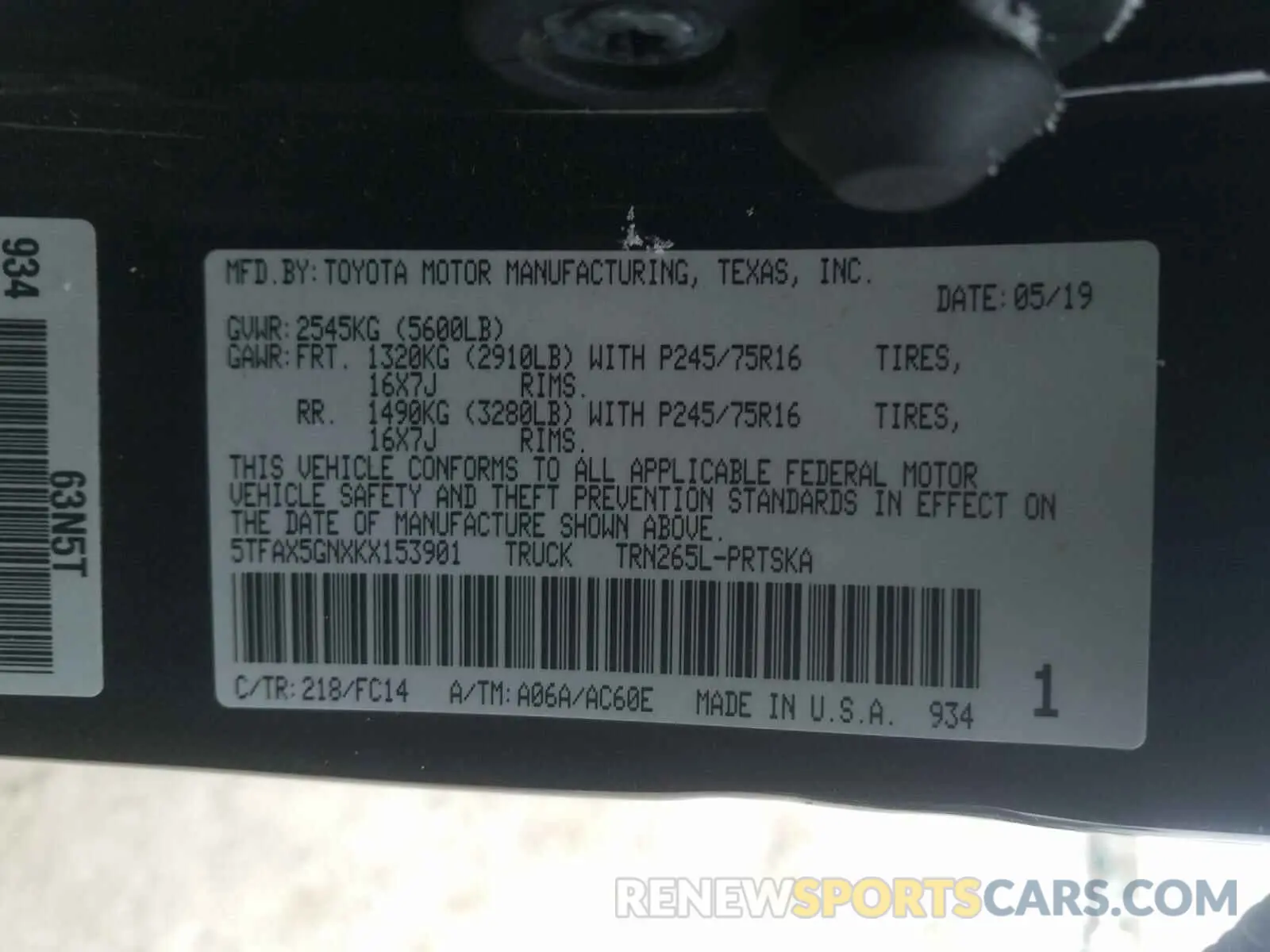 10 fotografías del automóvil dañado 5TFAX5GNXKX153901 TOYOTA TACOMA 2019