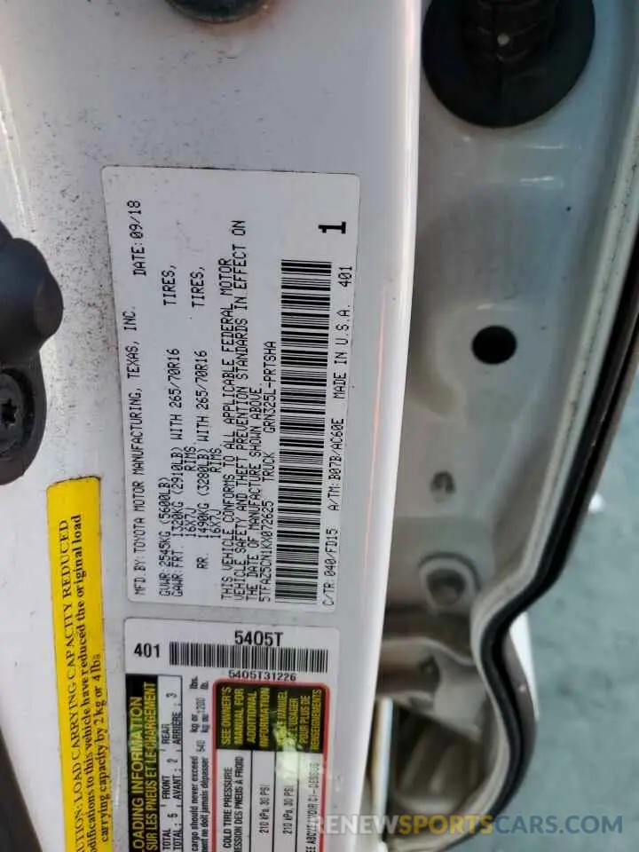 12 fotografías del automóvil dañado 5TFAZ5CN1KX072625 TOYOTA TACOMA 2019