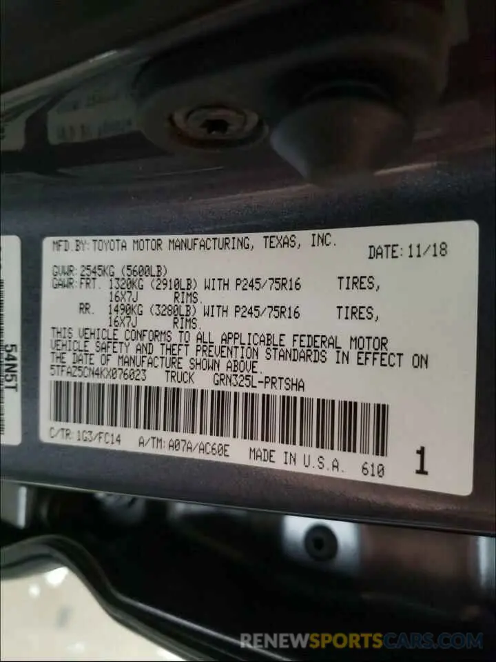 10 fotografías del automóvil dañado 5TFAZ5CN4KX076023 TOYOTA TACOMA 2019