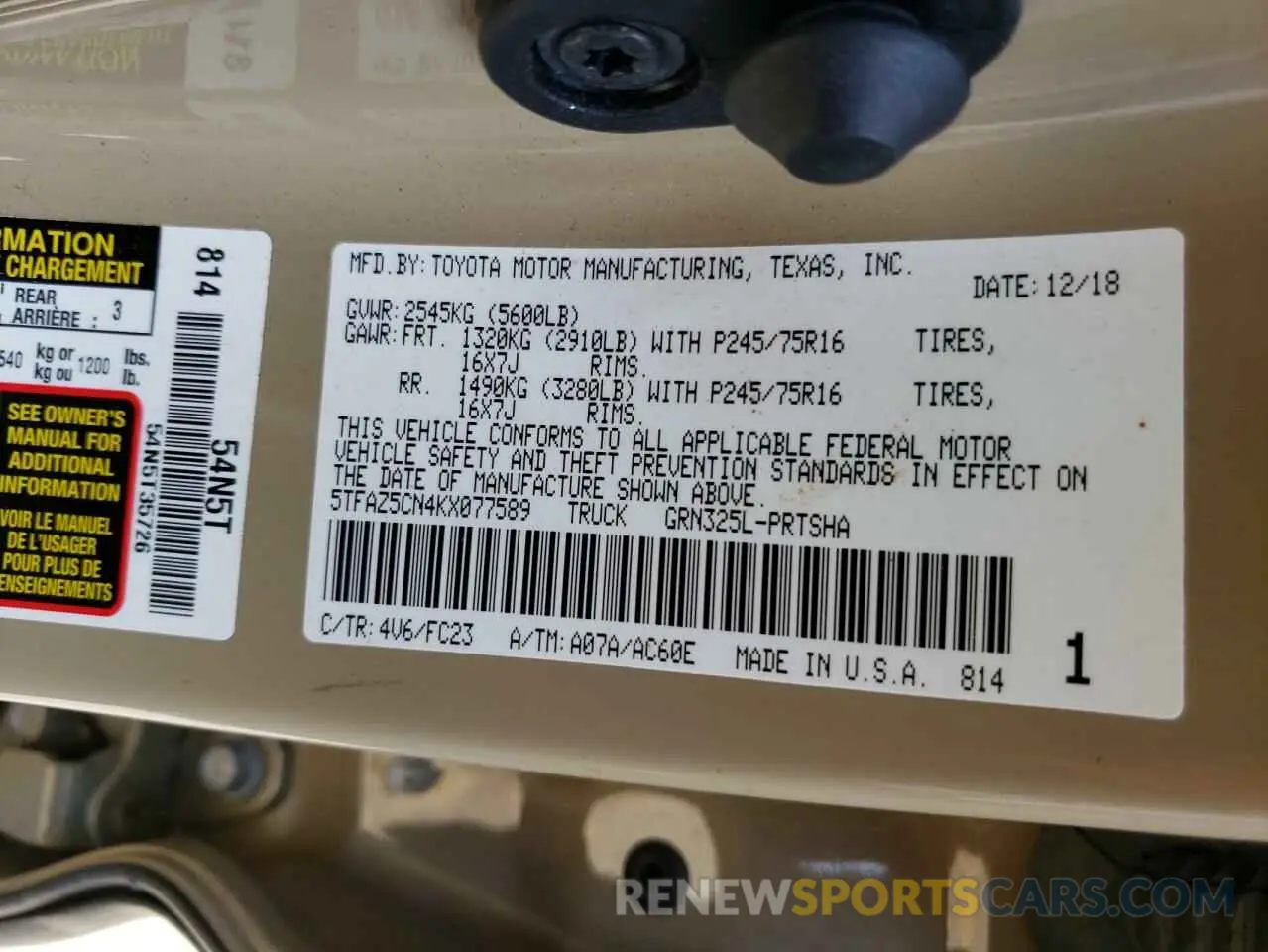 10 fotografías del automóvil dañado 5TFAZ5CN4KX077589 TOYOTA TACOMA 2019
