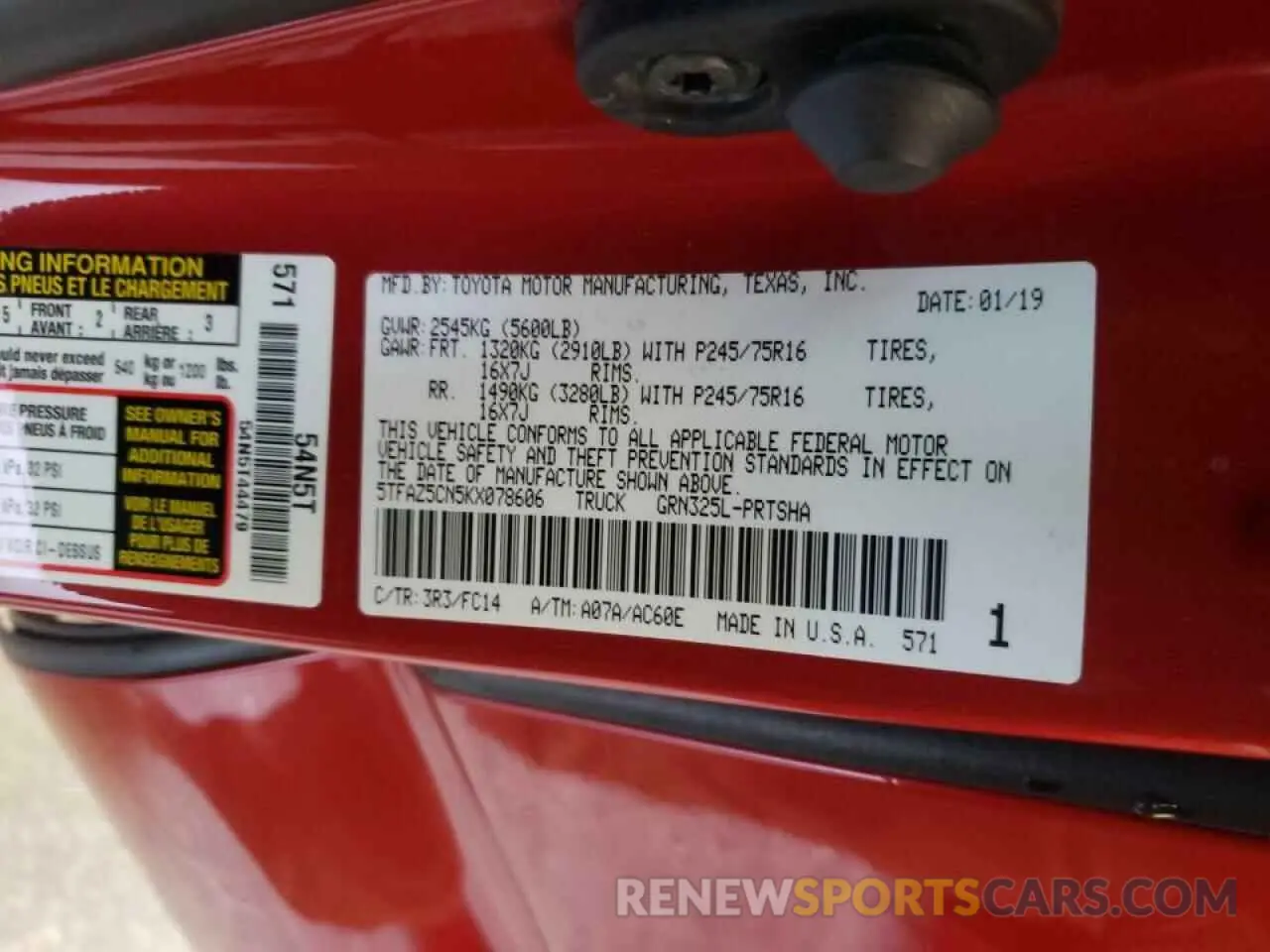 10 fotografías del automóvil dañado 5TFAZ5CN5KX078606 TOYOTA TACOMA 2019