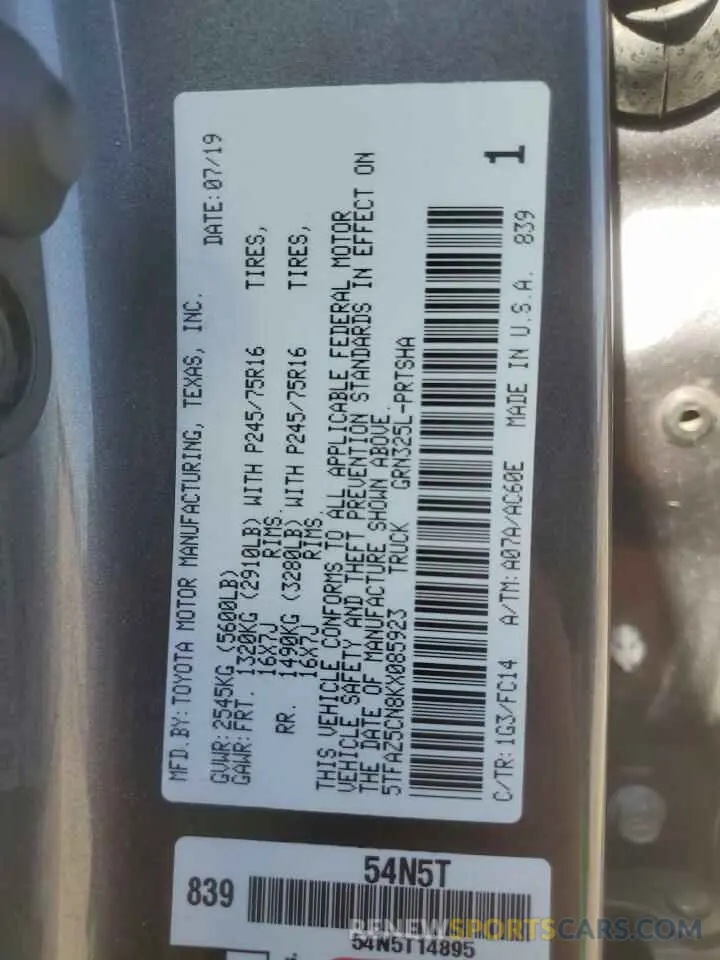 12 fotografías del automóvil dañado 5TFAZ5CN8KX085923 TOYOTA TACOMA 2019