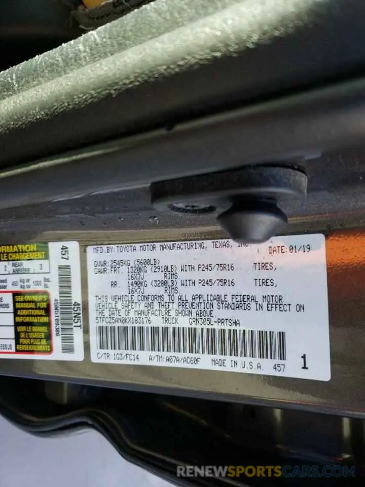 12 fotografías del automóvil dañado 5TFCZ5AN0KX183176 TOYOTA TACOMA 2019