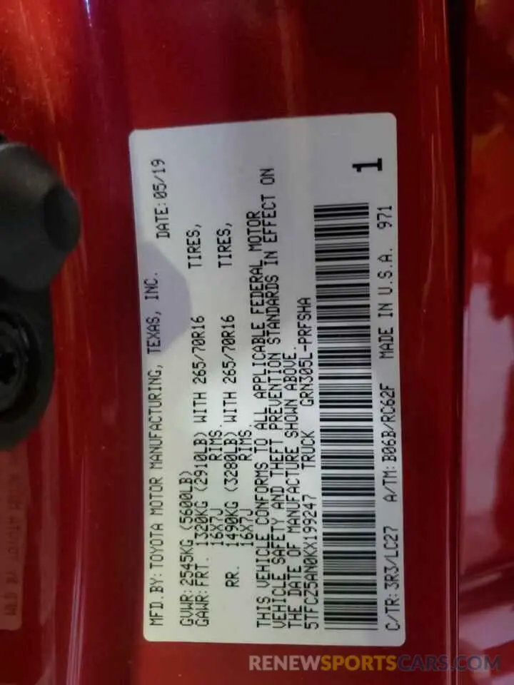 12 fotografías del automóvil dañado 5TFCZ5AN0KX199247 TOYOTA TACOMA 2019
