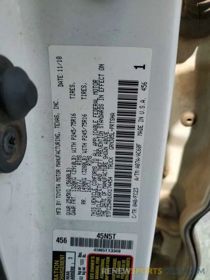 12 fotografías del automóvil dañado 5TFCZ5AN1KX174454 TOYOTA TACOMA 2019