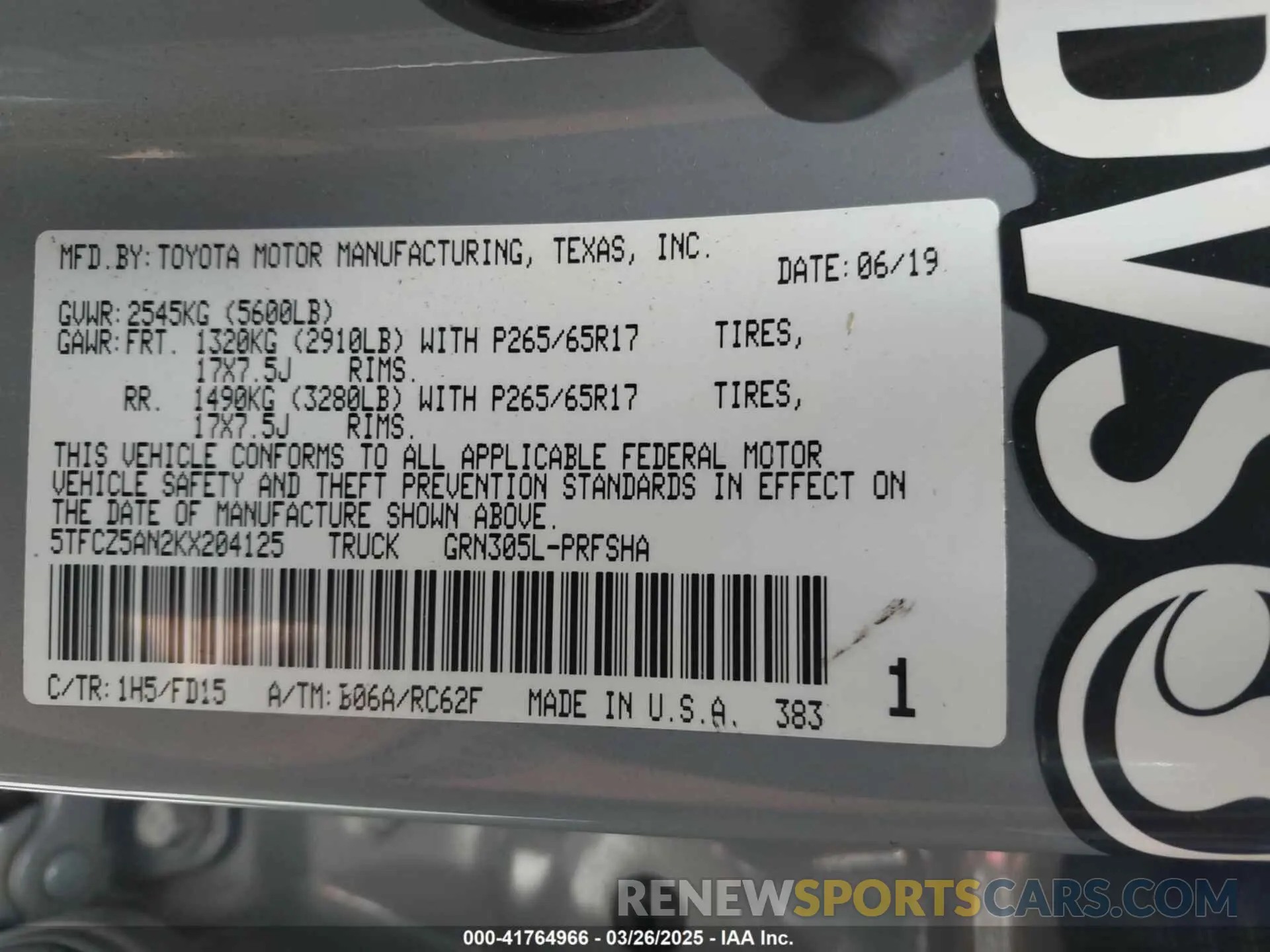 9 fotografías del automóvil dañado 5TFCZ5AN2KX204125 TOYOTA TACOMA 2019