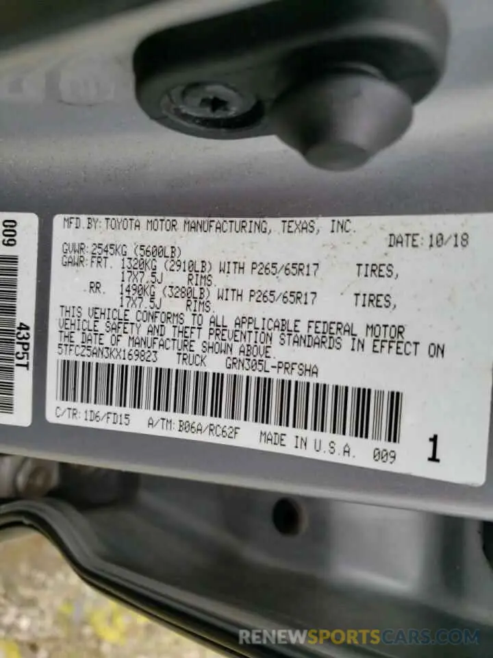 10 fotografías del automóvil dañado 5TFCZ5AN3KX169823 TOYOTA TACOMA 2019