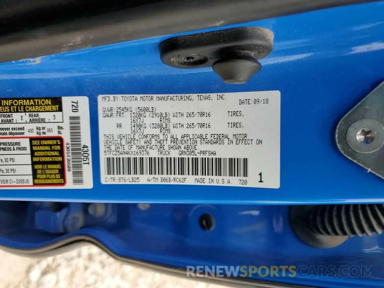 12 fotografías del automóvil dañado 5TFCZ5AN4KX169376 TOYOTA TACOMA 2019