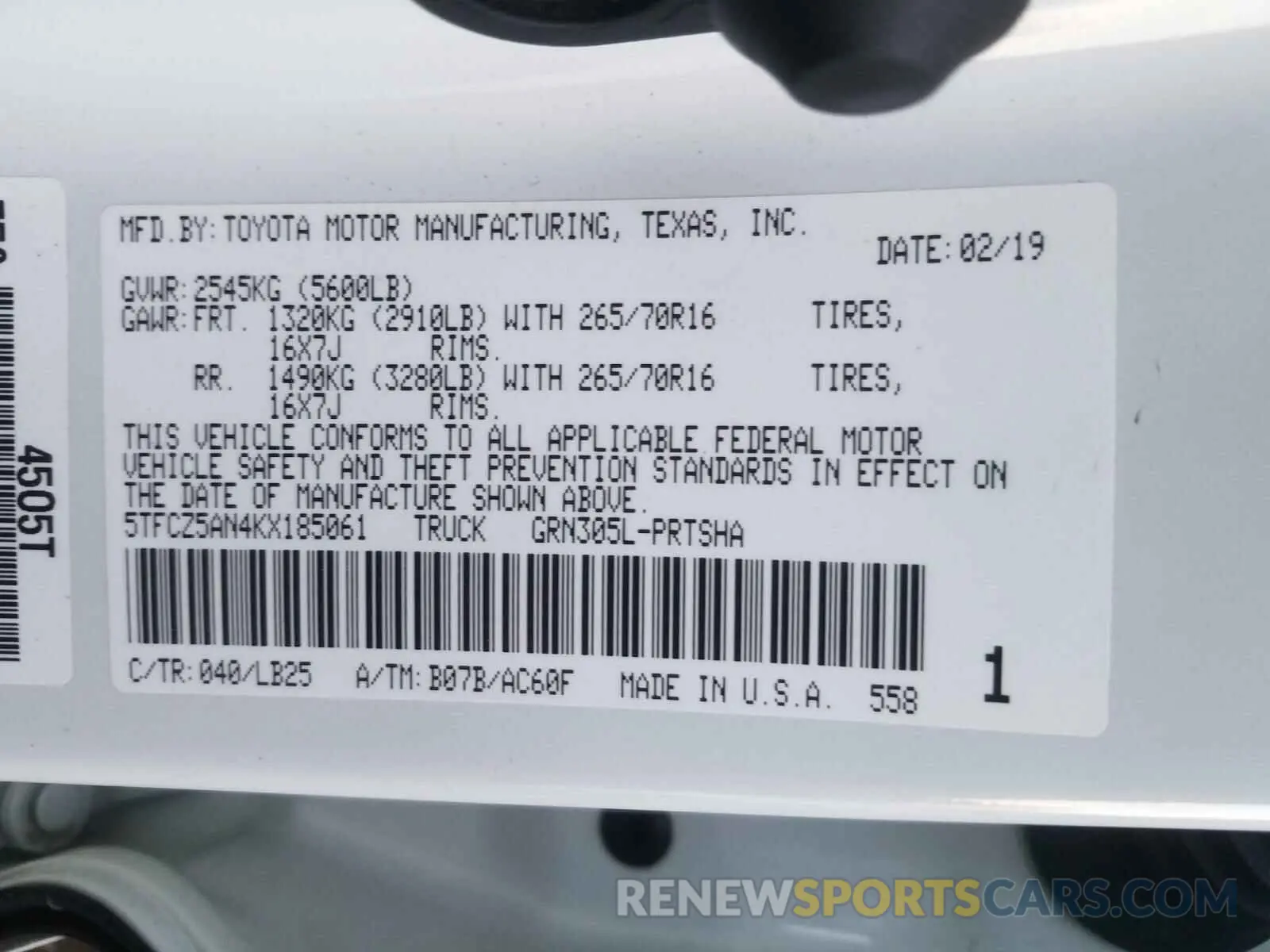 10 fotografías del automóvil dañado 5TFCZ5AN4KX185061 TOYOTA TACOMA 2019