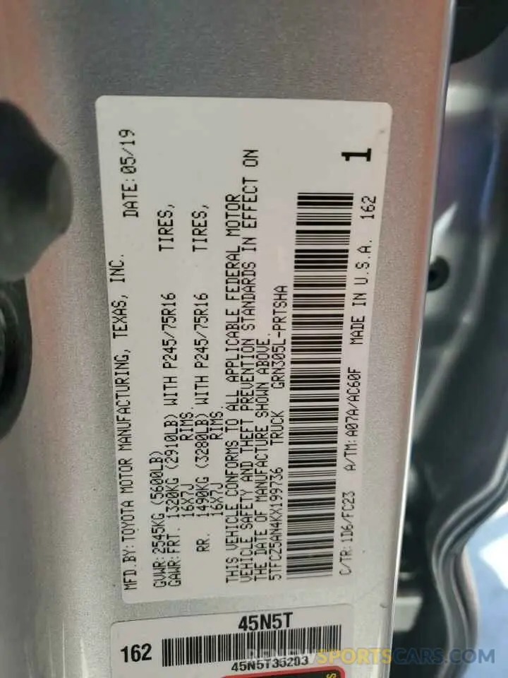 12 fotografías del automóvil dañado 5TFCZ5AN4KX199736 TOYOTA TACOMA 2019