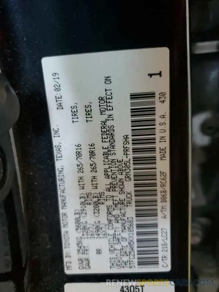 12 fotografías del automóvil dañado 5TFCZ5AN5KX185683 TOYOTA TACOMA 2019