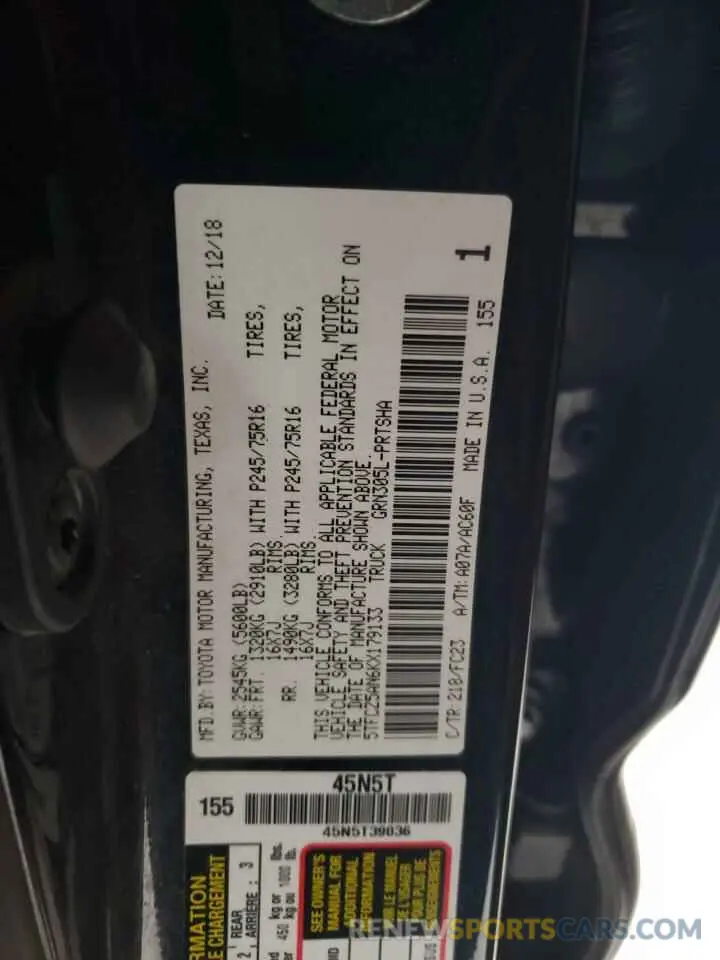 15 fotografías del automóvil dañado 5TFCZ5AN6KX179133 TOYOTA TACOMA 2019