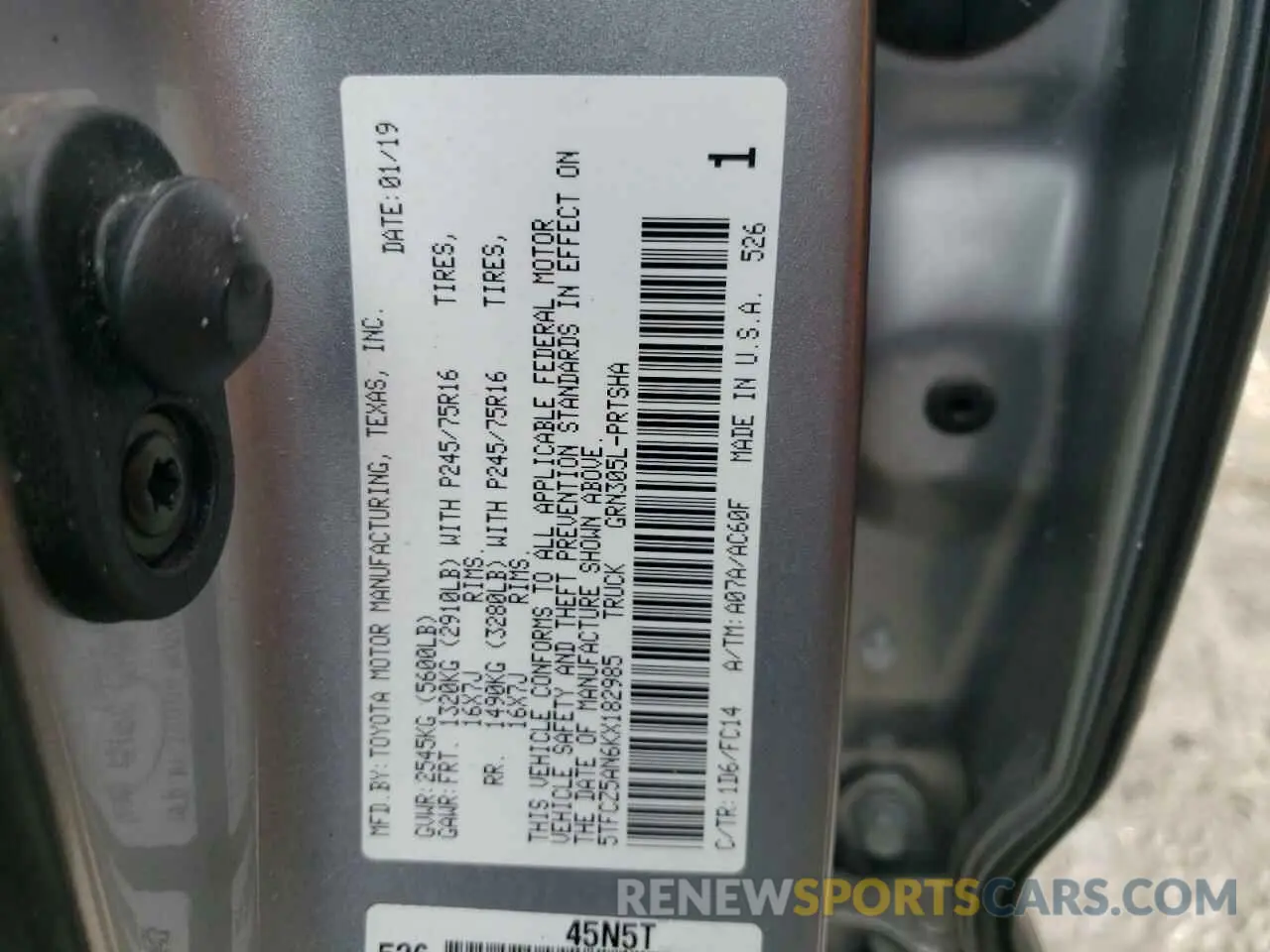 10 fotografías del automóvil dañado 5TFCZ5AN6KX182985 TOYOTA TACOMA 2019