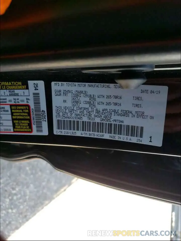 10 fotografías del automóvil dañado 5TFCZ5AN6KX193405 TOYOTA TACOMA 2019