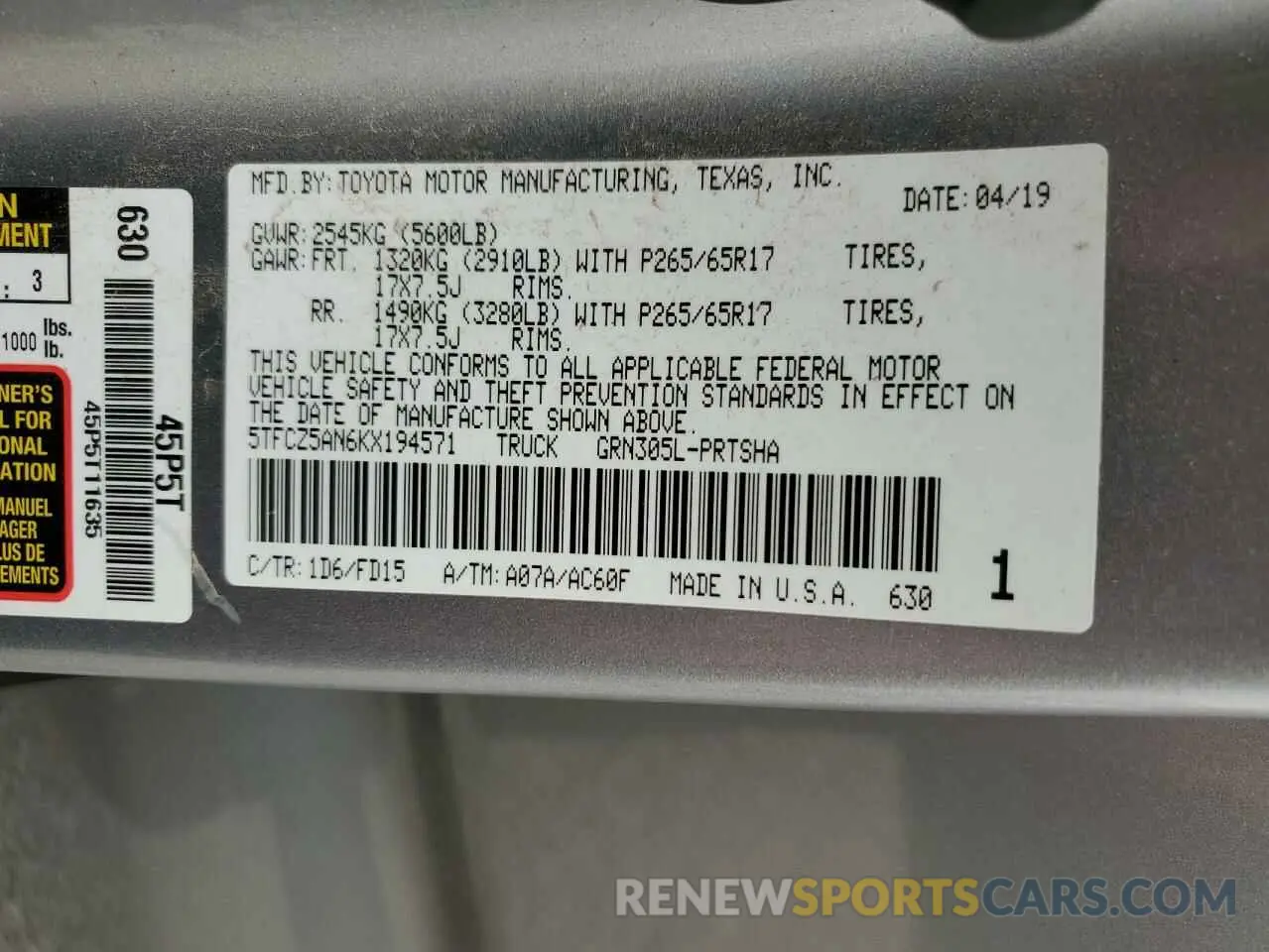 12 fotografías del automóvil dañado 5TFCZ5AN6KX194571 TOYOTA TACOMA 2019